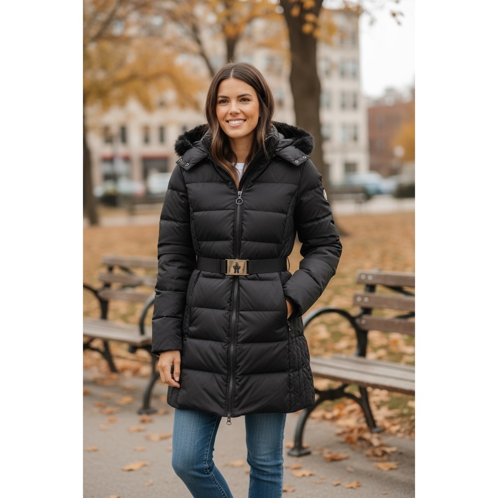 Moncler  Coats Black Polyester, Rabbit fur 434650‎